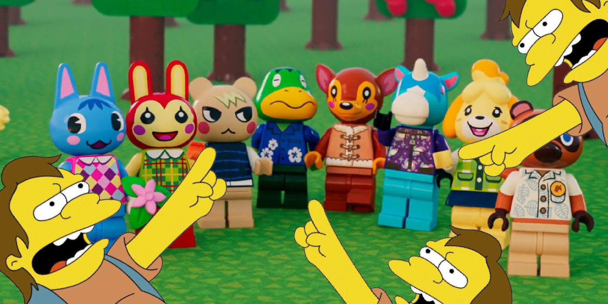Animal Crossing Lego figures standing in a row while three Nelsons from The Simpsons point and laugh