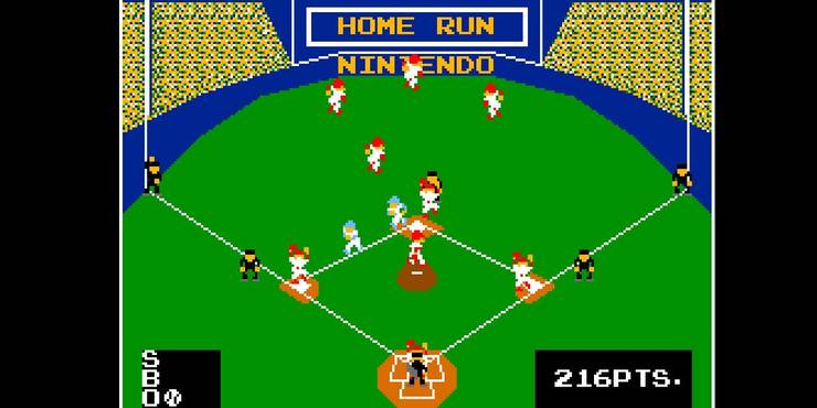 A vintage baseball field with players running the bases after a home run.