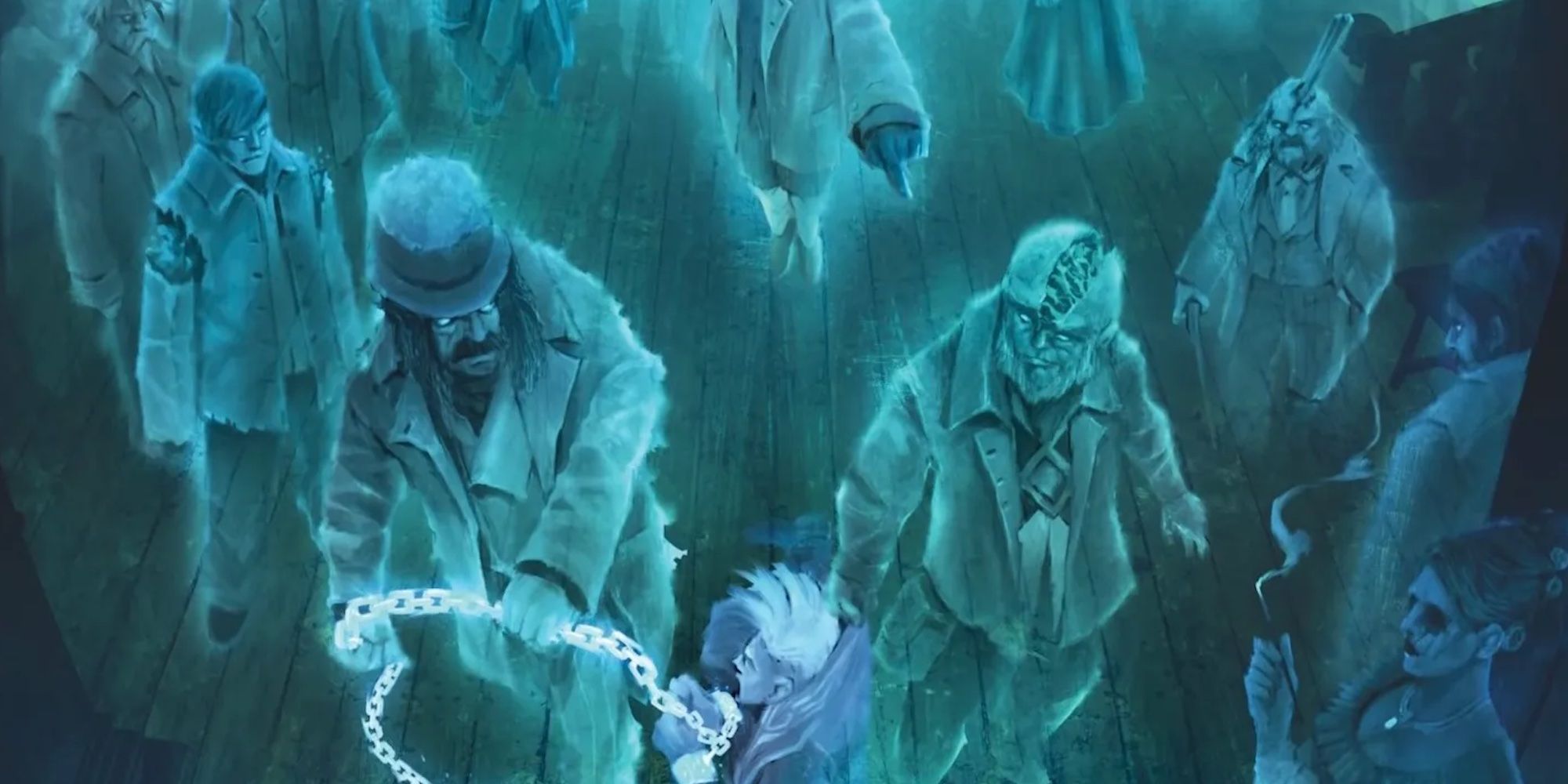 Ghosts stand around a young person, one of which holds them on a chain