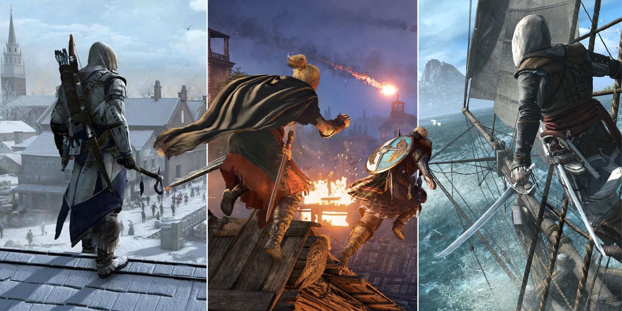 Split image of the Assassins in AC3, Valhalla, and Blackflag