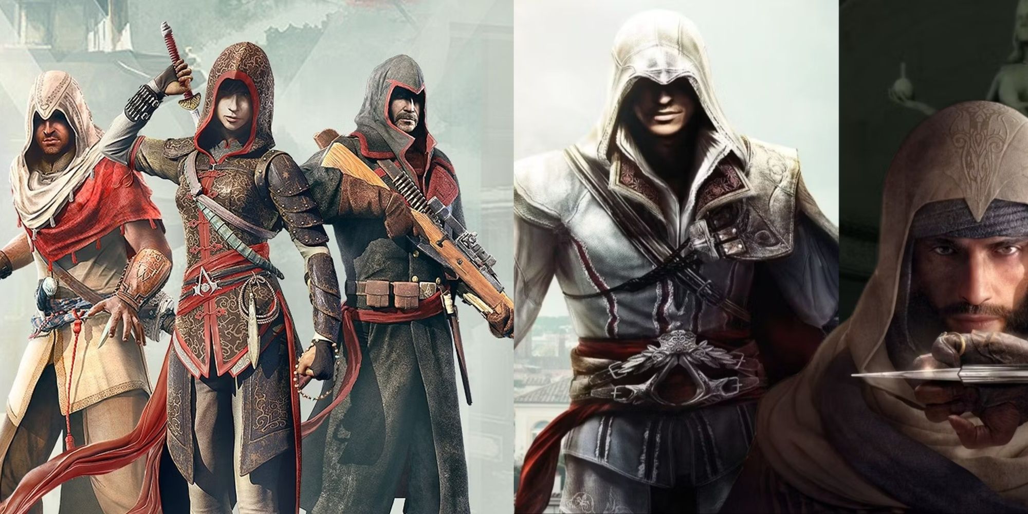 Viele Protagonisten von Assassin's Creed, darunter Arbaaz Mir, Shao Jun und Nikolai Orelov aus den Chronicles-Spielen sowie Ezio und Basim aus Assassin's Creed 2 und Mirage, von links nach rechts