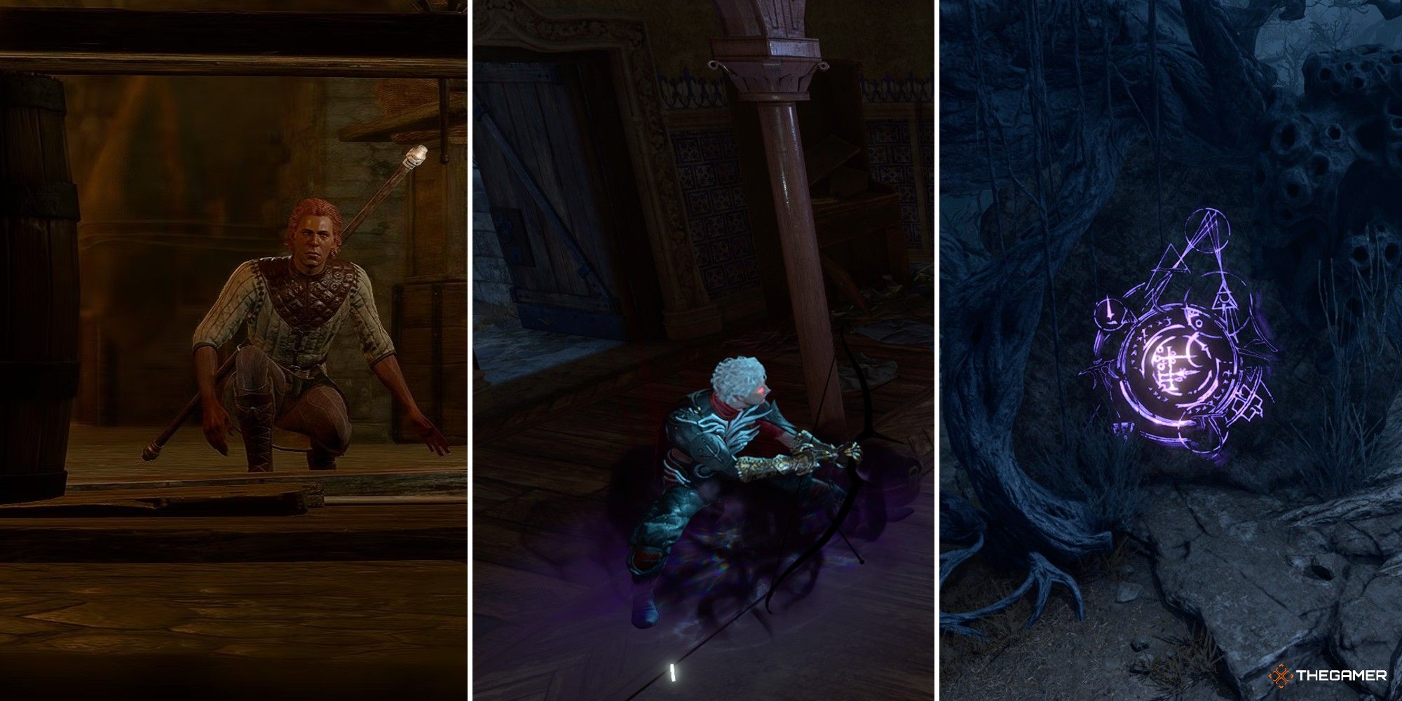 Baldur's Gate 3 Collage Showing Zentharim Hiding, Astarion Sneaking, And a Waypoint