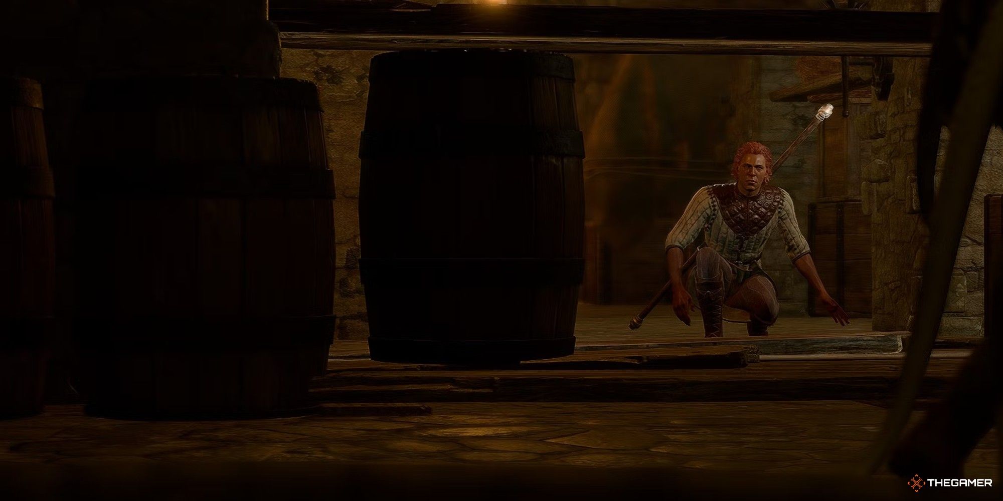 Baldur's Gate 3 Entering Zentharim Hideout Cutscene Showing Barrels