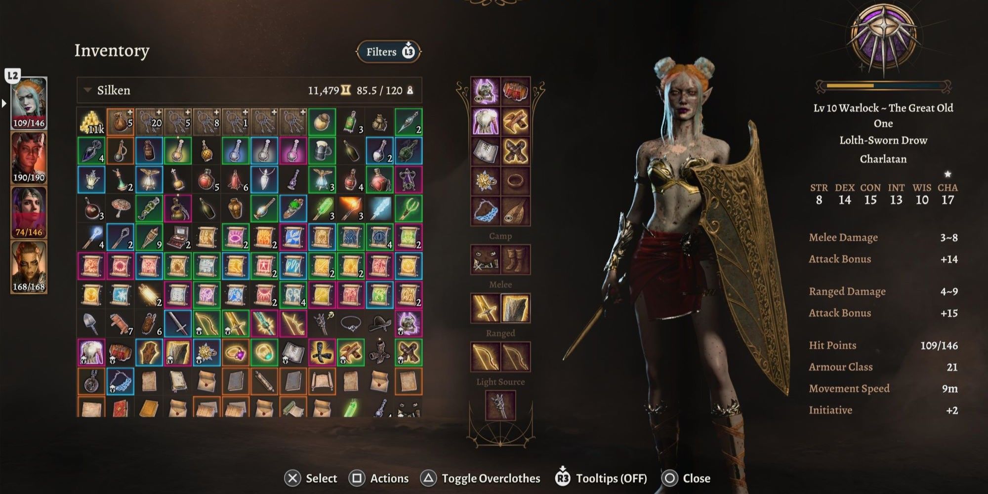 Baldur's Gate 3 Player character as Female Drow wearing Angel Scion 
