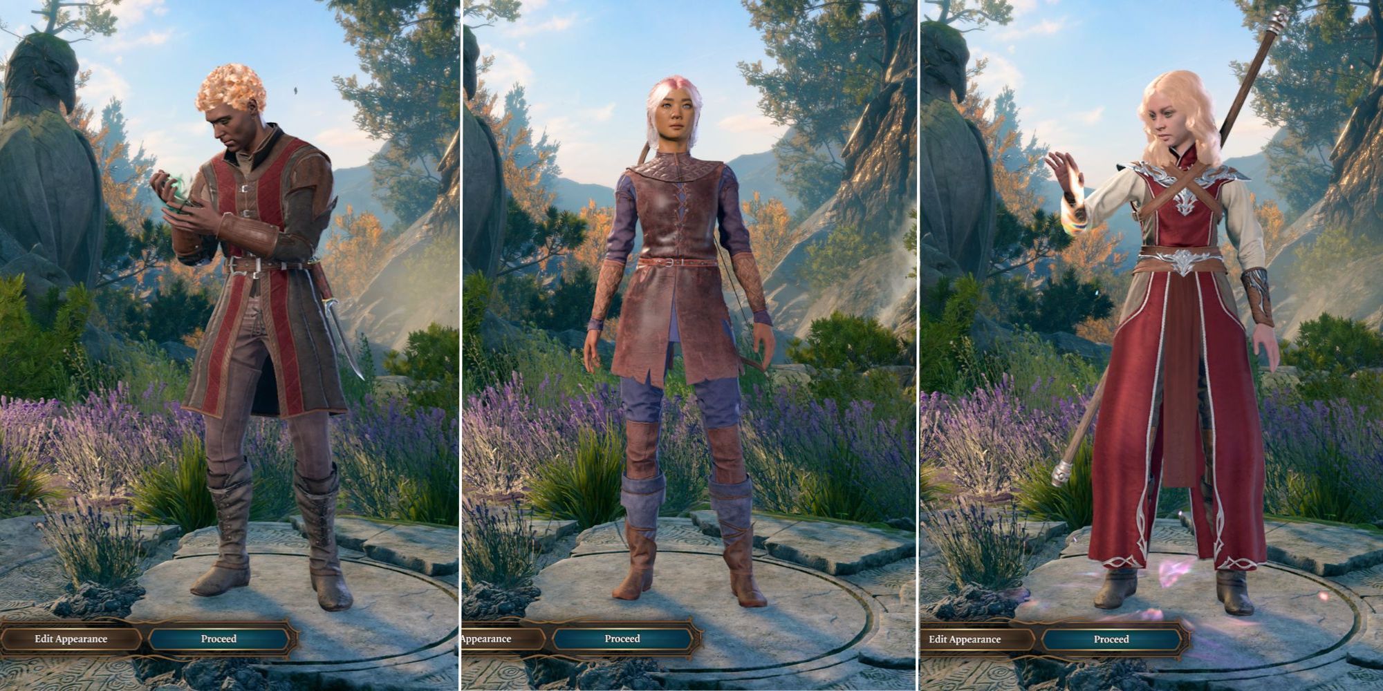 Baldur's Gate 3 split image of a warlock, ranger, and sorcerer