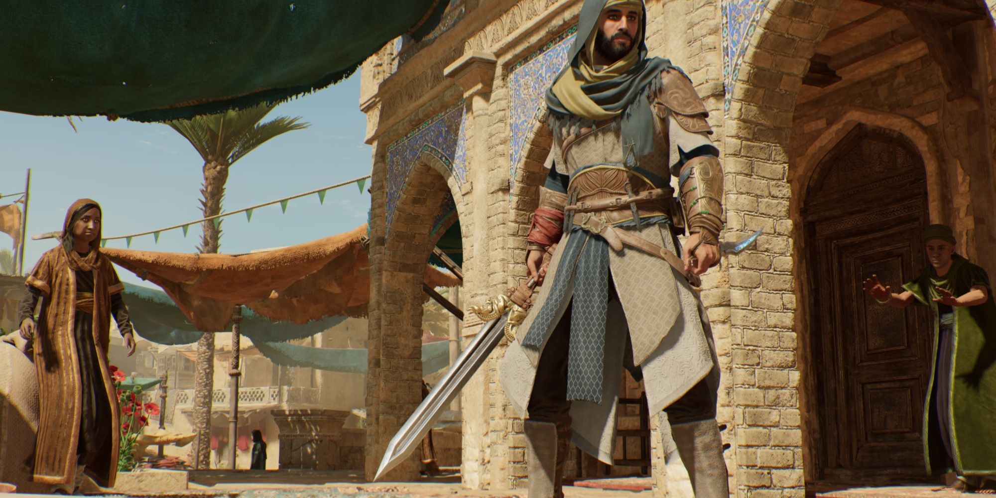 Basim showcases Rostam Sword after getting it as a reward from The Weapon's Dealer contract in Assassin's Creed Mirage