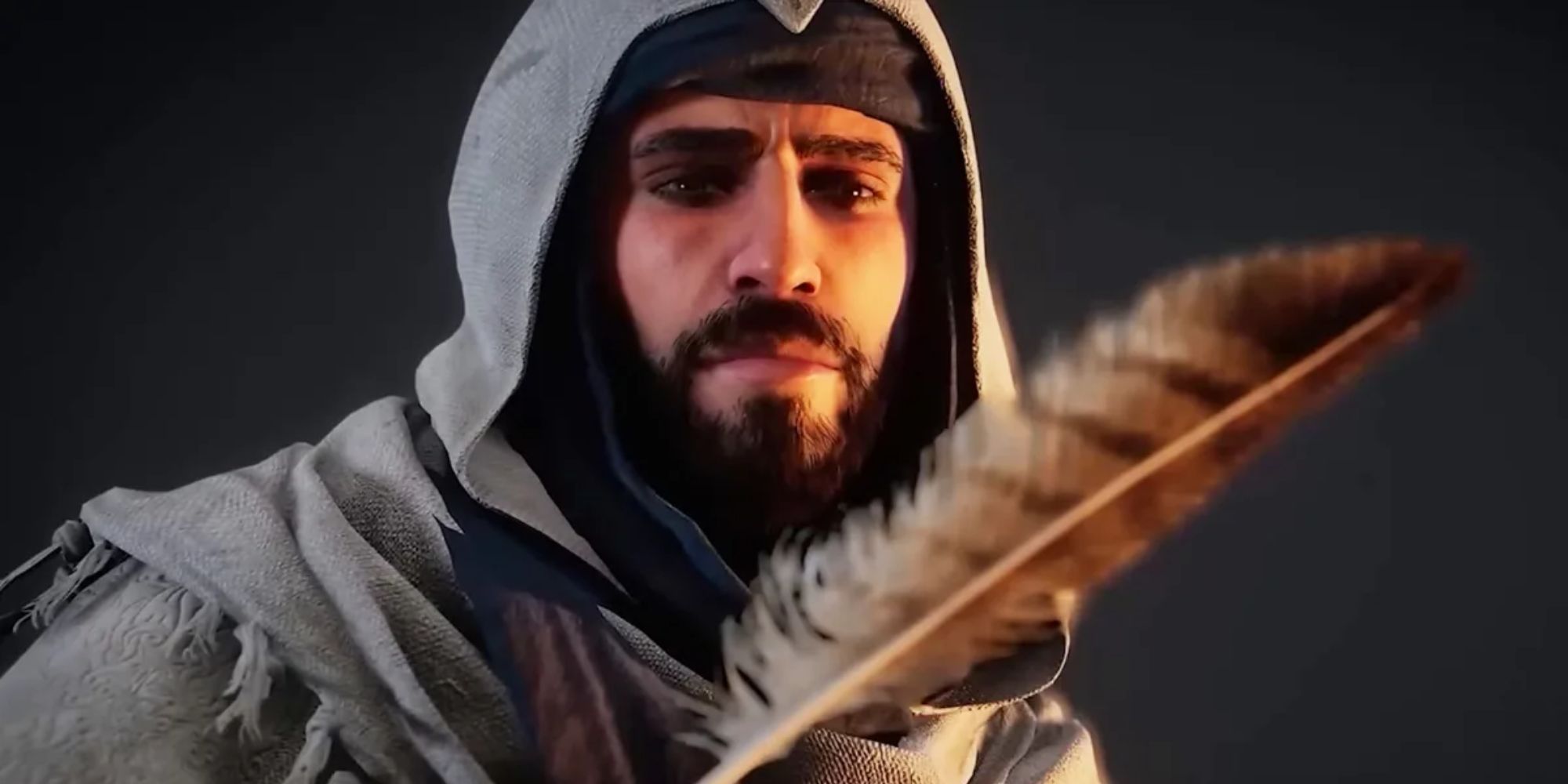 Basim holding a feather in Assassin's Creed Mirage.