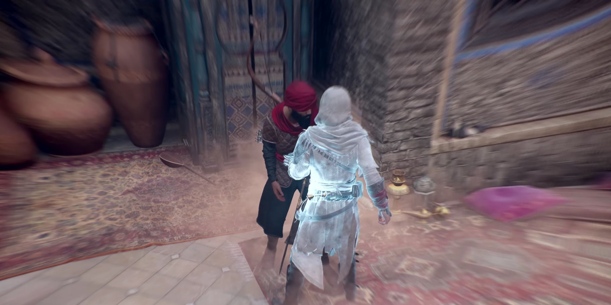 Basim using a teleport assassination in Assassin's Creed Mirage.