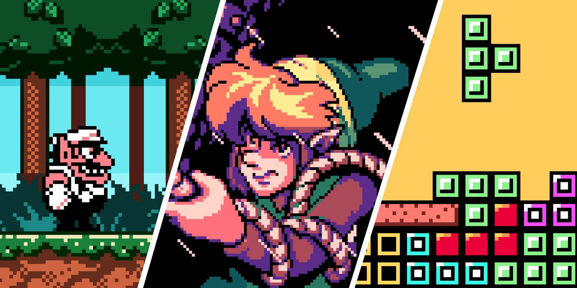 Best Game Boy Color Games - Split Imaege Of Wario Land 3, The Legend Of Zelda Link's Awakening, And Tetris DX