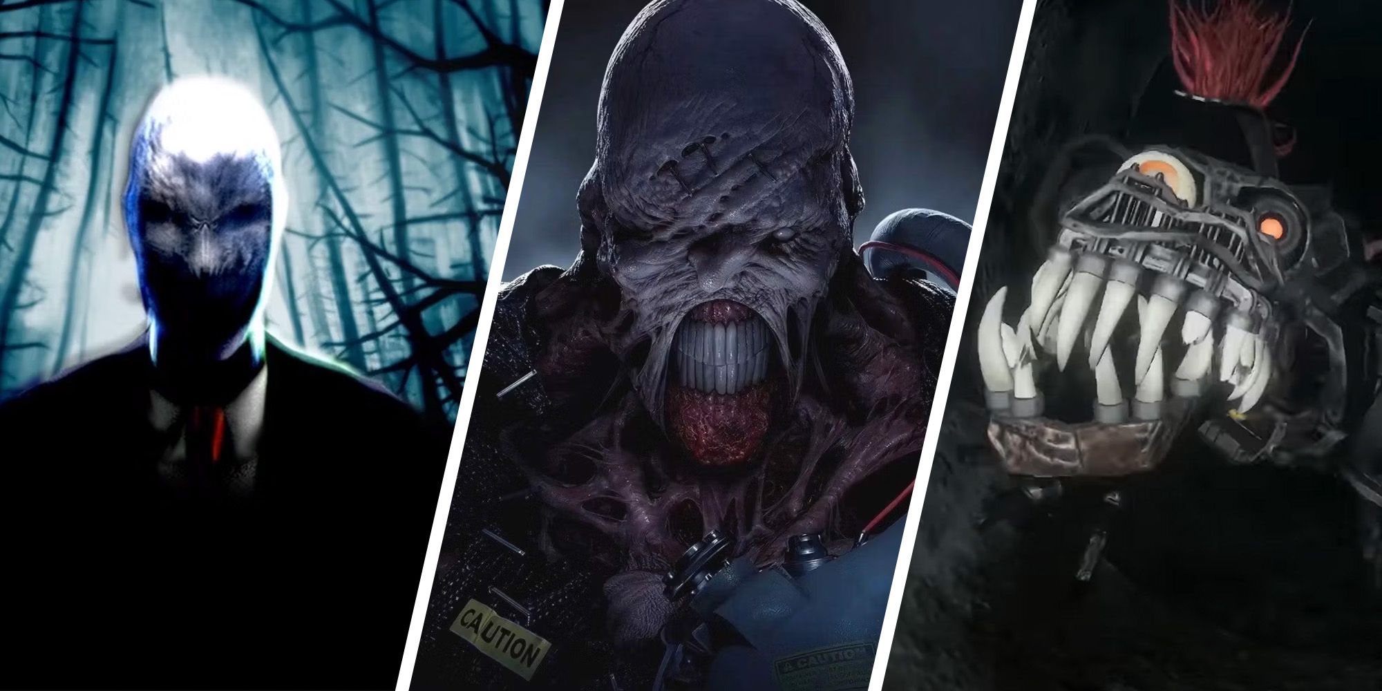 Best Jump Scares In Video Games - Split Image of Slender Man From Slender The Arrival, Nemesis From Resident Evil 3, And Monty Gator From Five Nights At Freddy's Ruin