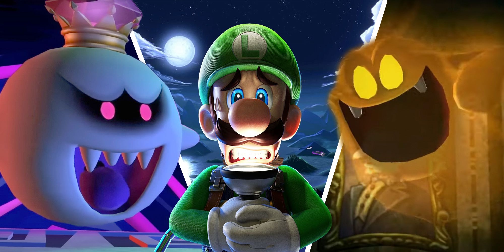Split image of King Boo from Dark Moon, Luigi from Luigi's Mansion 3, and the organe ghost from Luigi's Mansion GameCube and 3DS