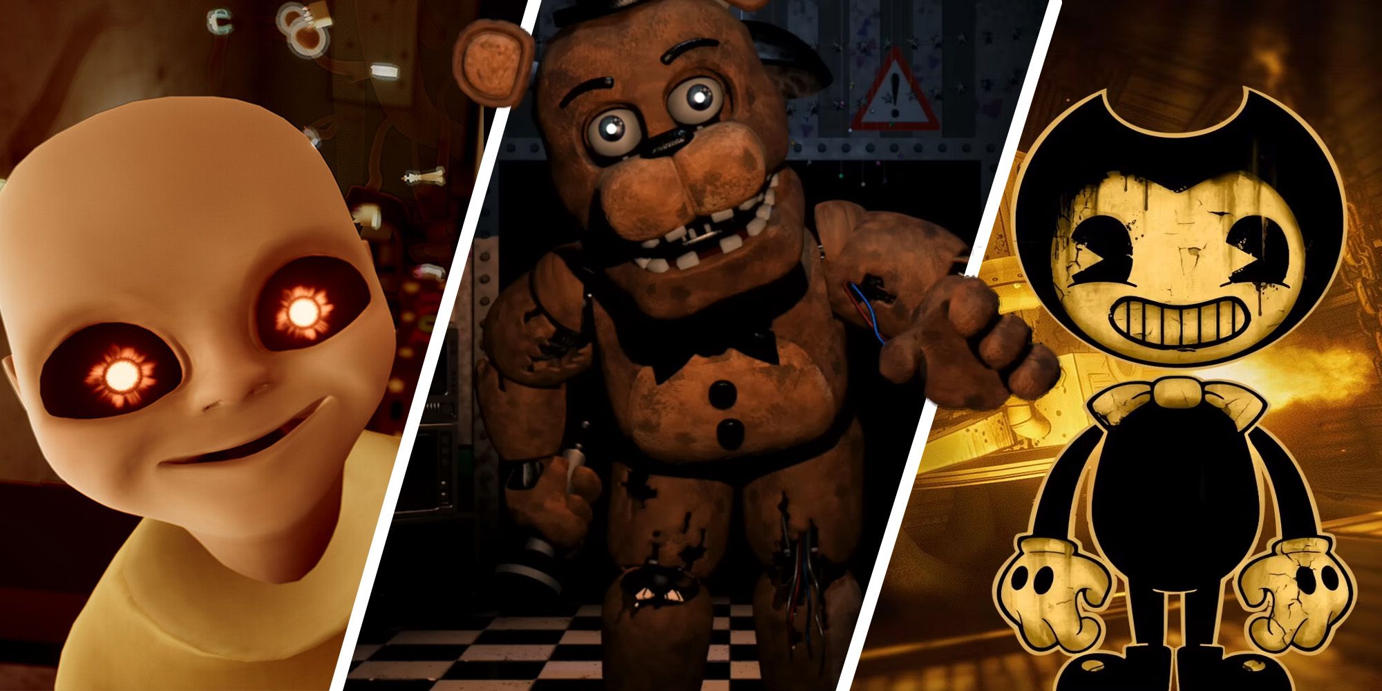 Best Mobile Horror Games - Split Image Of The Baby In Yellow, Five Nights At Freddy's, And Bendy And The Ink Machine
