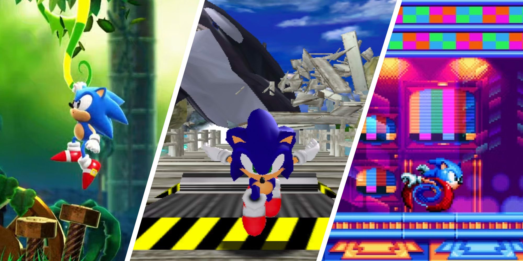 A split image of Speed Jungle from Sonic Superstars, Emerald Coast from Sonic Adventure, and Studiopolis Zone from Sonic Mania