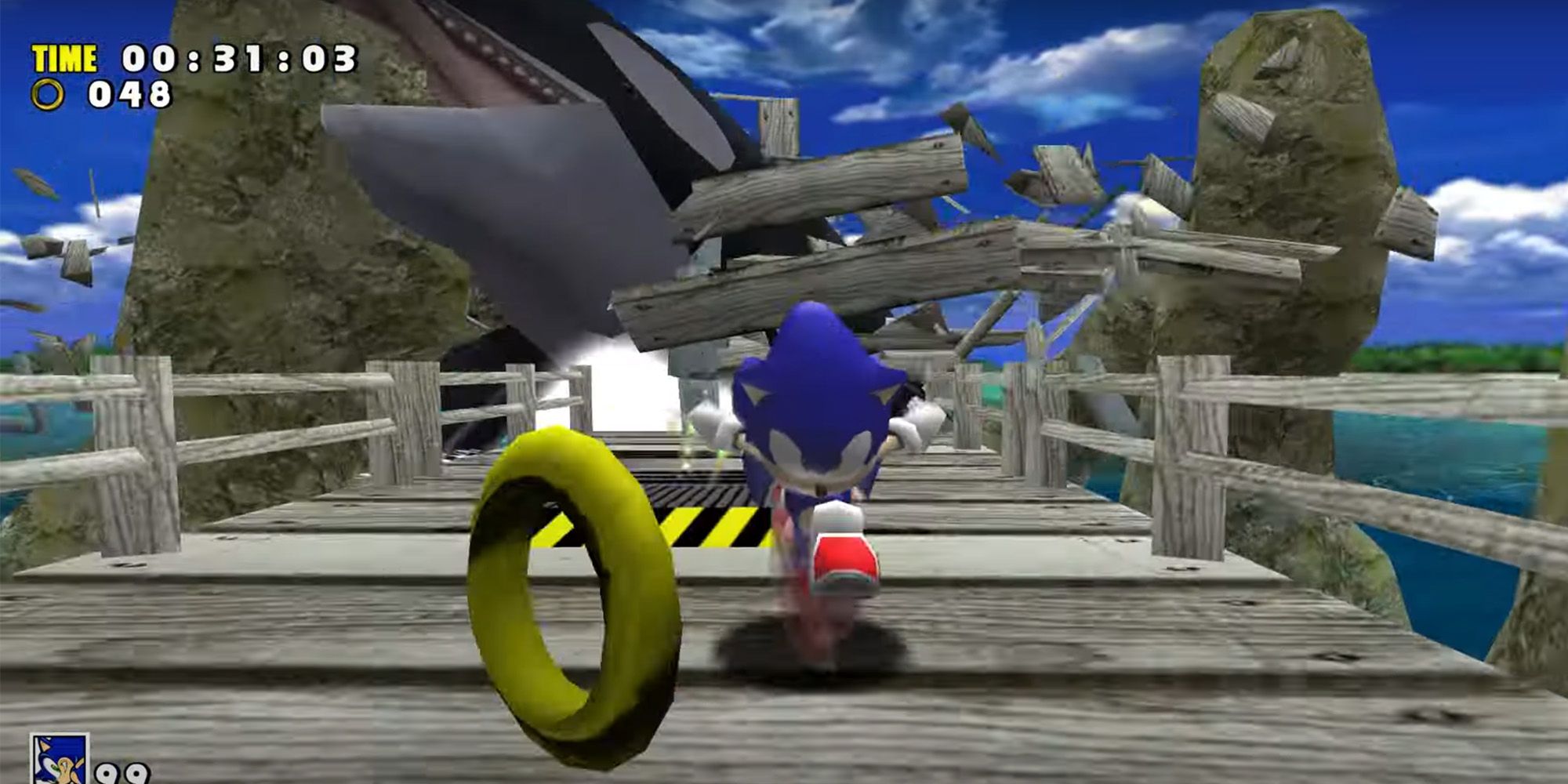Sonic Adventure - Sonic running away from a whale in Emerald Coast