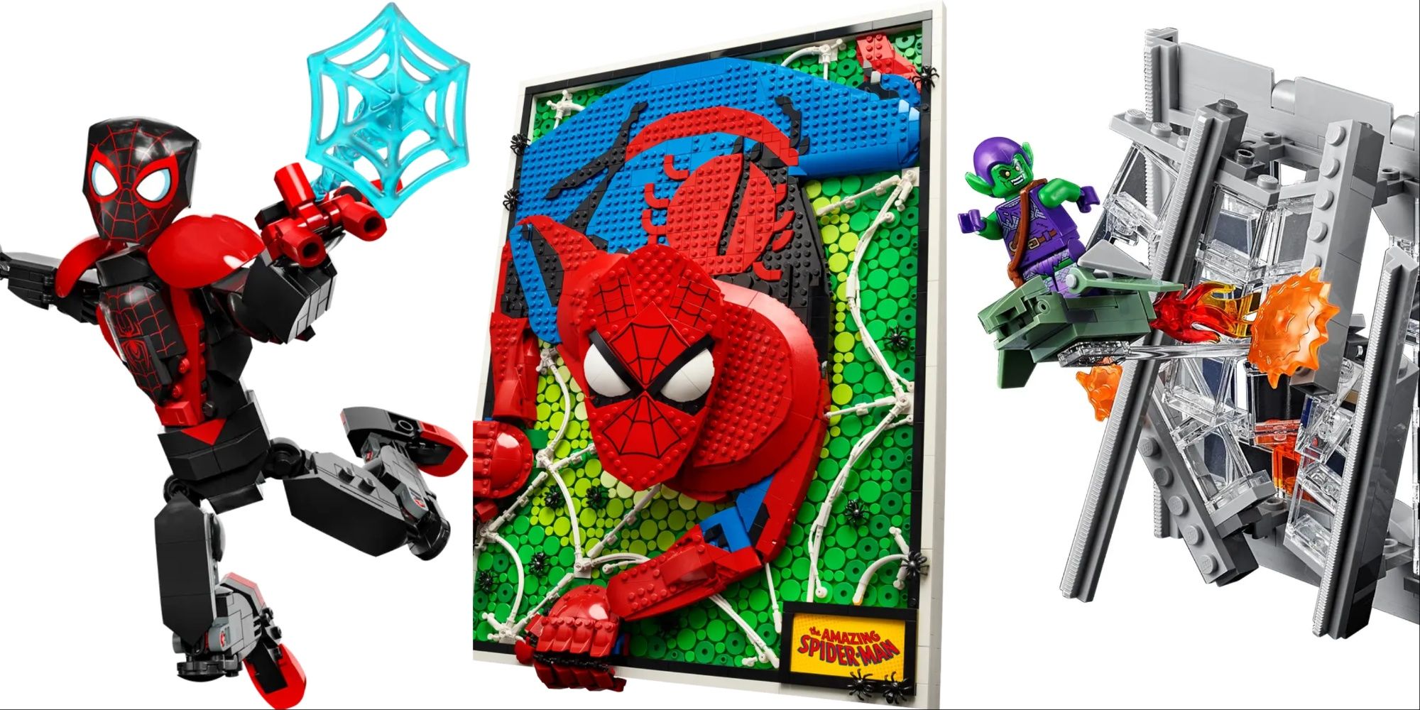 Best Spider-Man Lego Sets Featured Split Image Featuring Miles Morales, Amazing Spider-Man Art, and Green Goblin