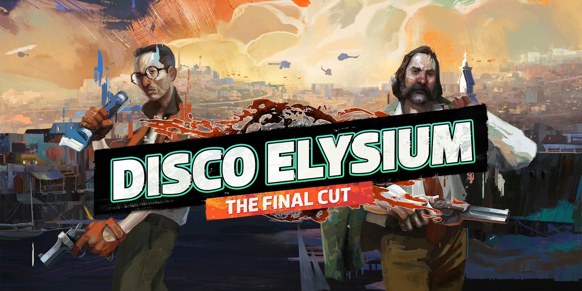 Disco Elysium - Harry and Kim standing on either side of the logo