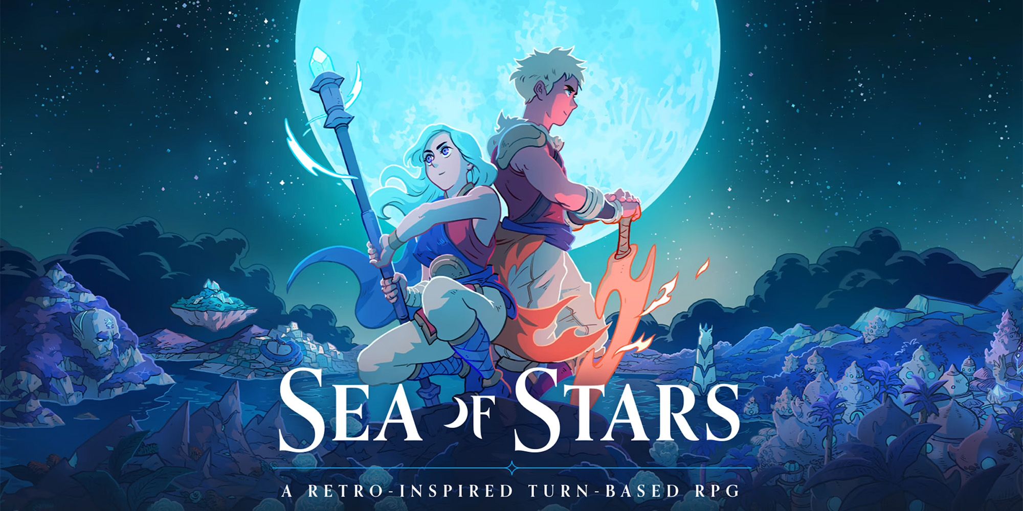Sea Of Stars - Valere and Zale hold their weapons while standing in front of a full moon