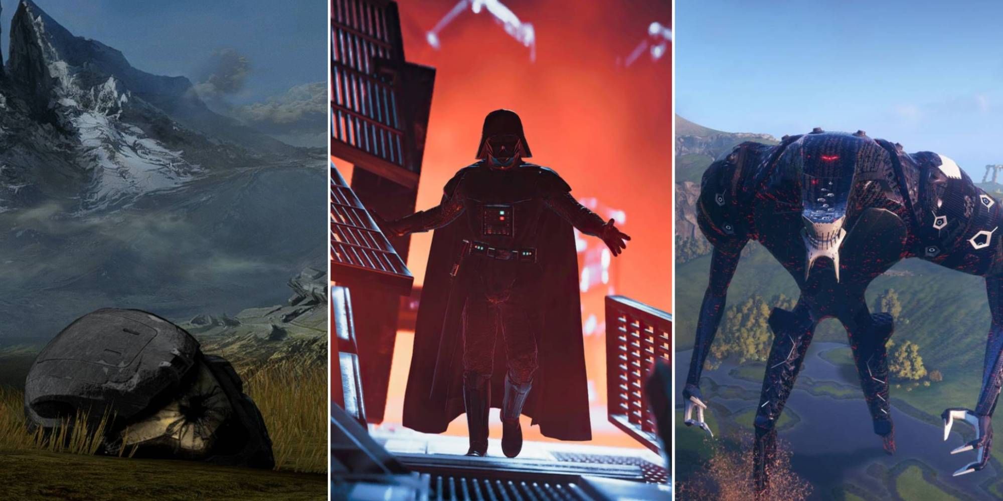 A collage of images from Halo: Reach, Darth Vader from Star Wars Jedi Fallen Order and Sonic Frontiers