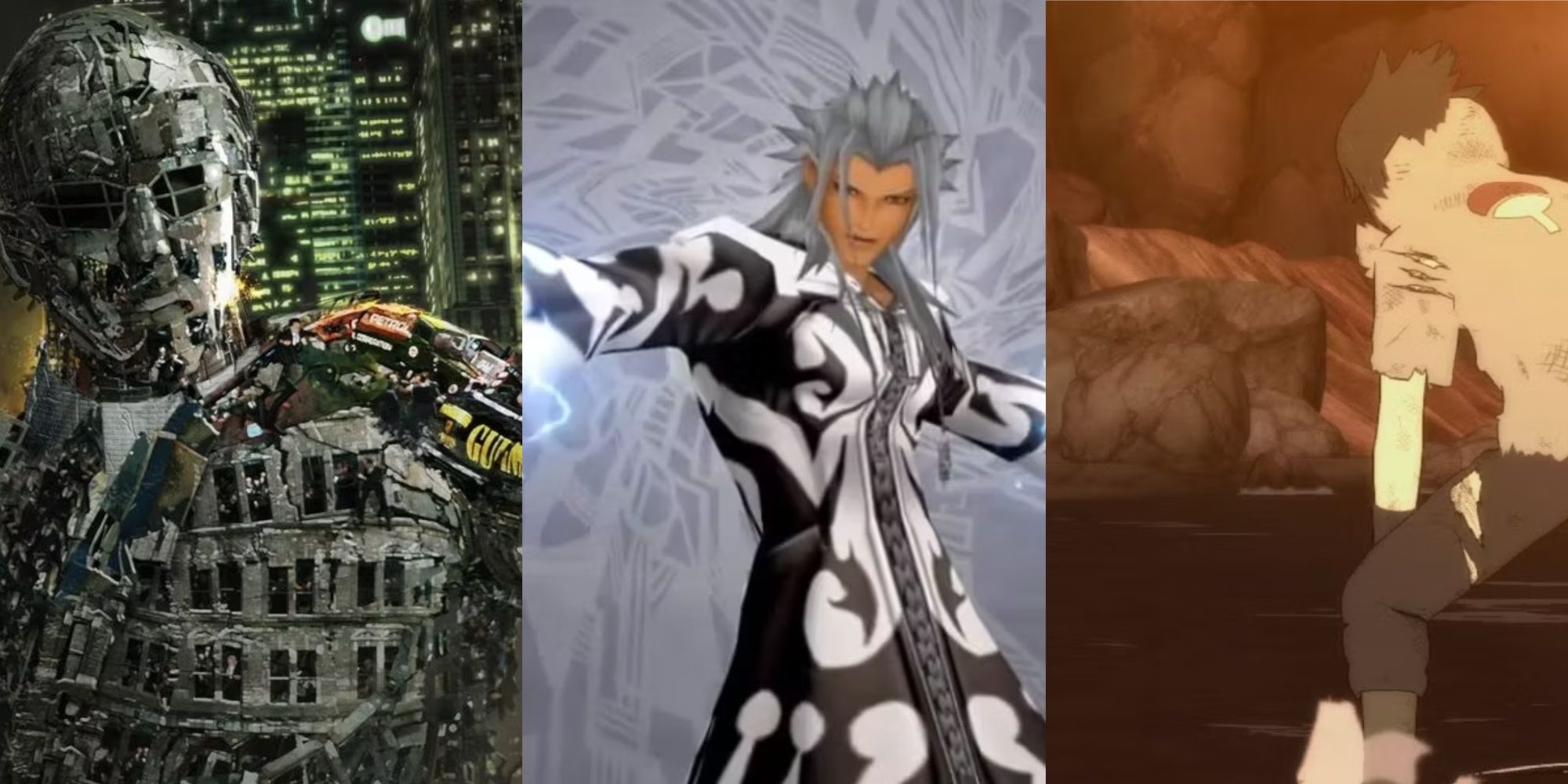 A collage showing Agent Smith from The Matrix, Xemnas from Kingdom Hearts, and Sasuke from the Naruto series.