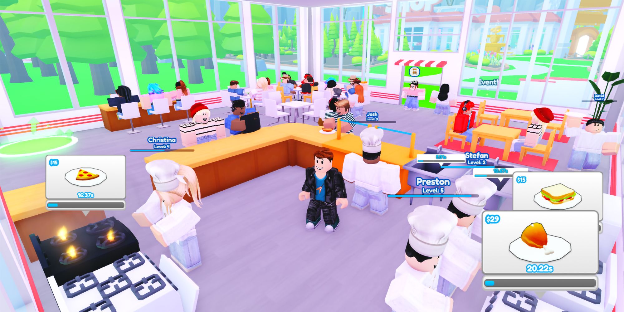 A Roblox character oversees his thriving dining room in My Restaurant.