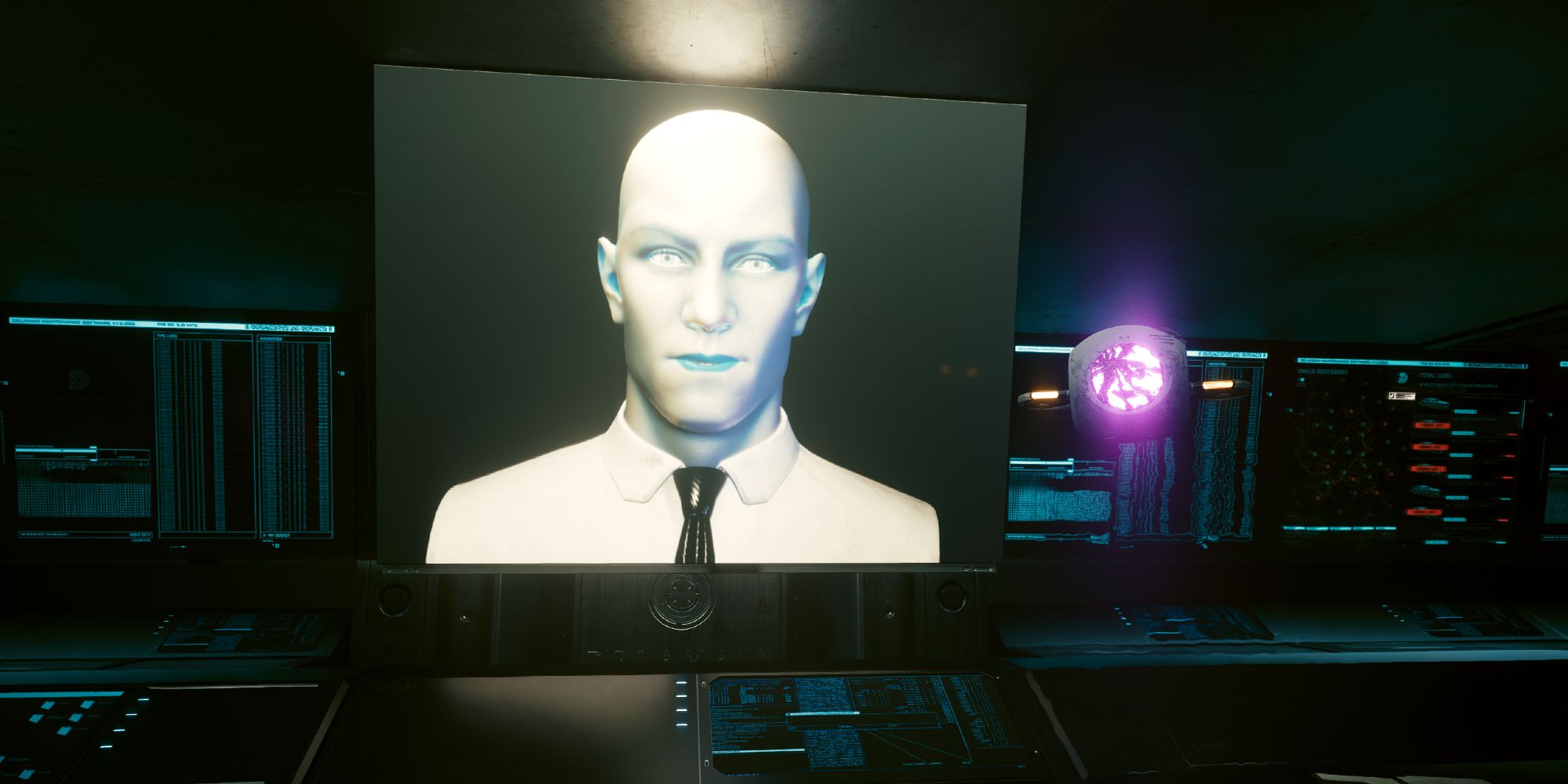 Delamain and a drone in Delamain HQ, in Cyberpunk 2077.