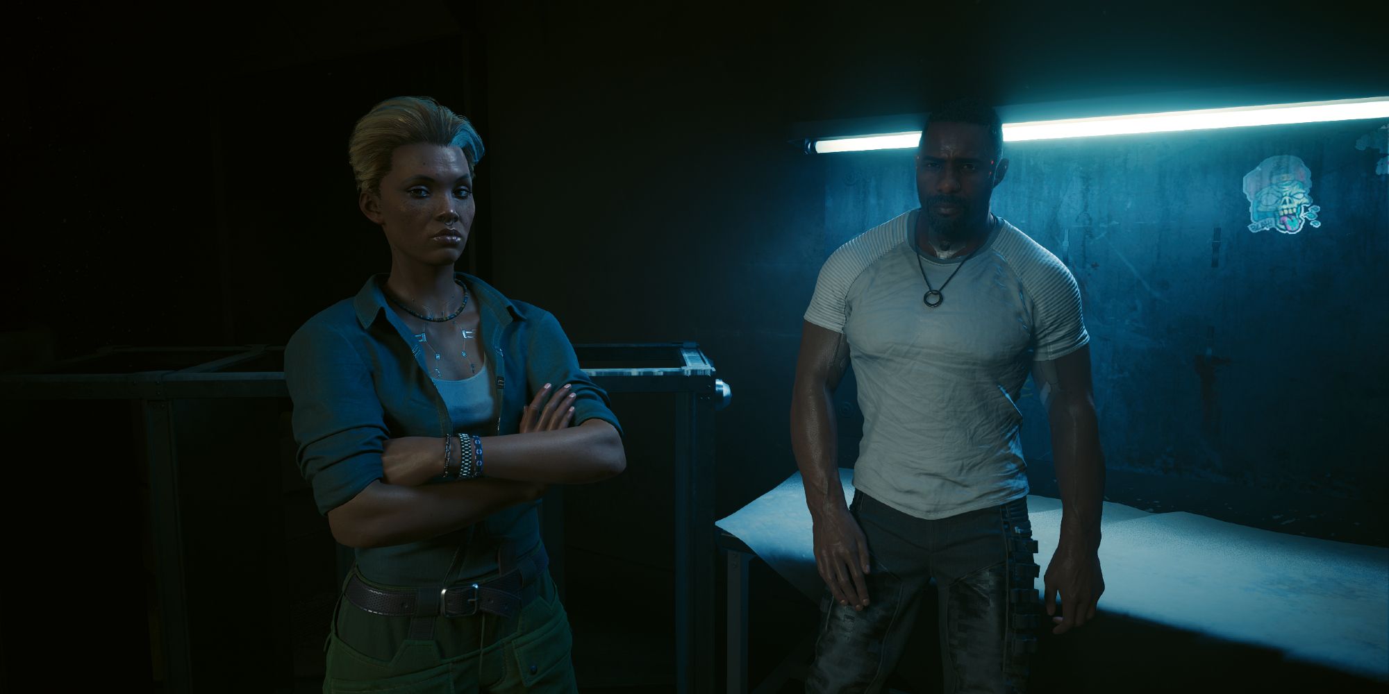 Alex and Reed looking at V in Cyberpunk 2077.