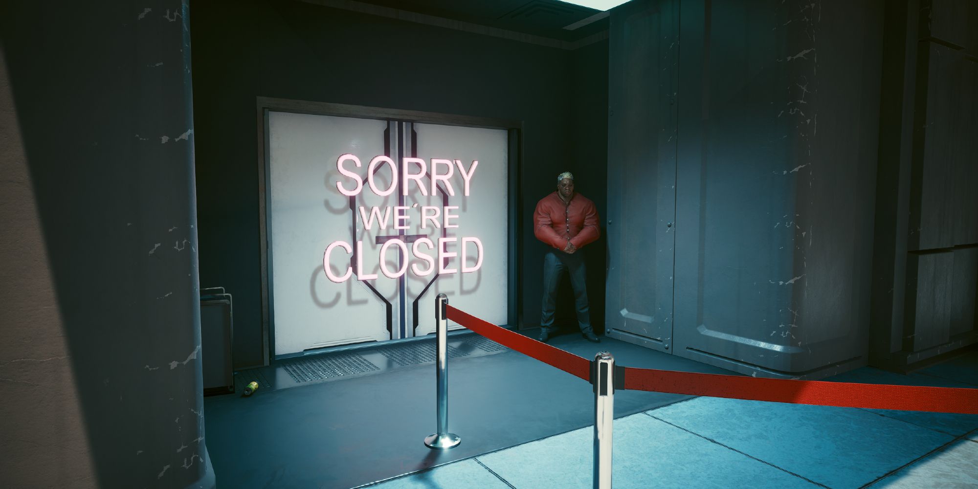 Bouncer in the entrance to the Riot Club in Cyberpunk 2077.