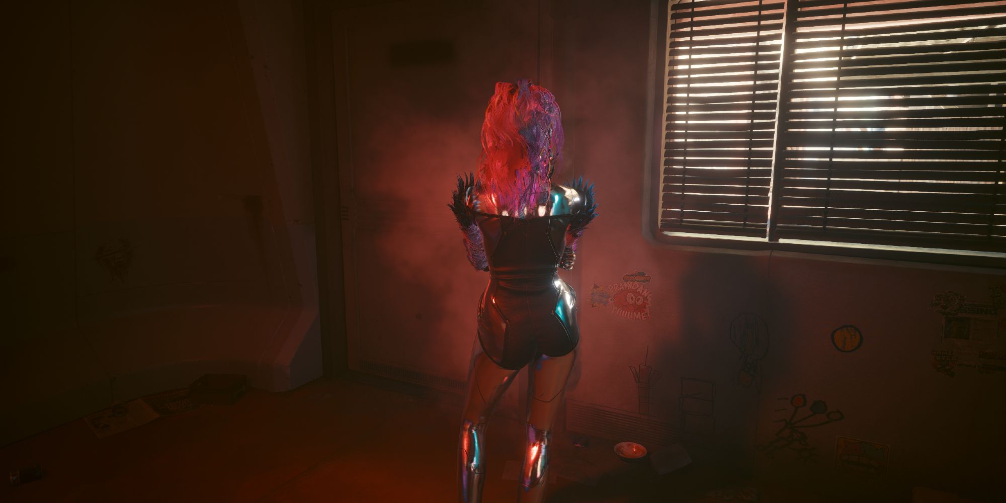 Lizzy Wizzy introducing herself to V in the No-Tell Motel in Cyberpunk 2077.