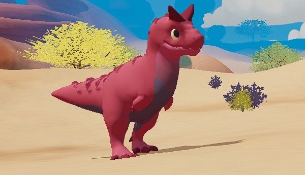 Red Carnotaurus standing near dry brush in Ariacotta Dunes during the day in Paleo Pines.