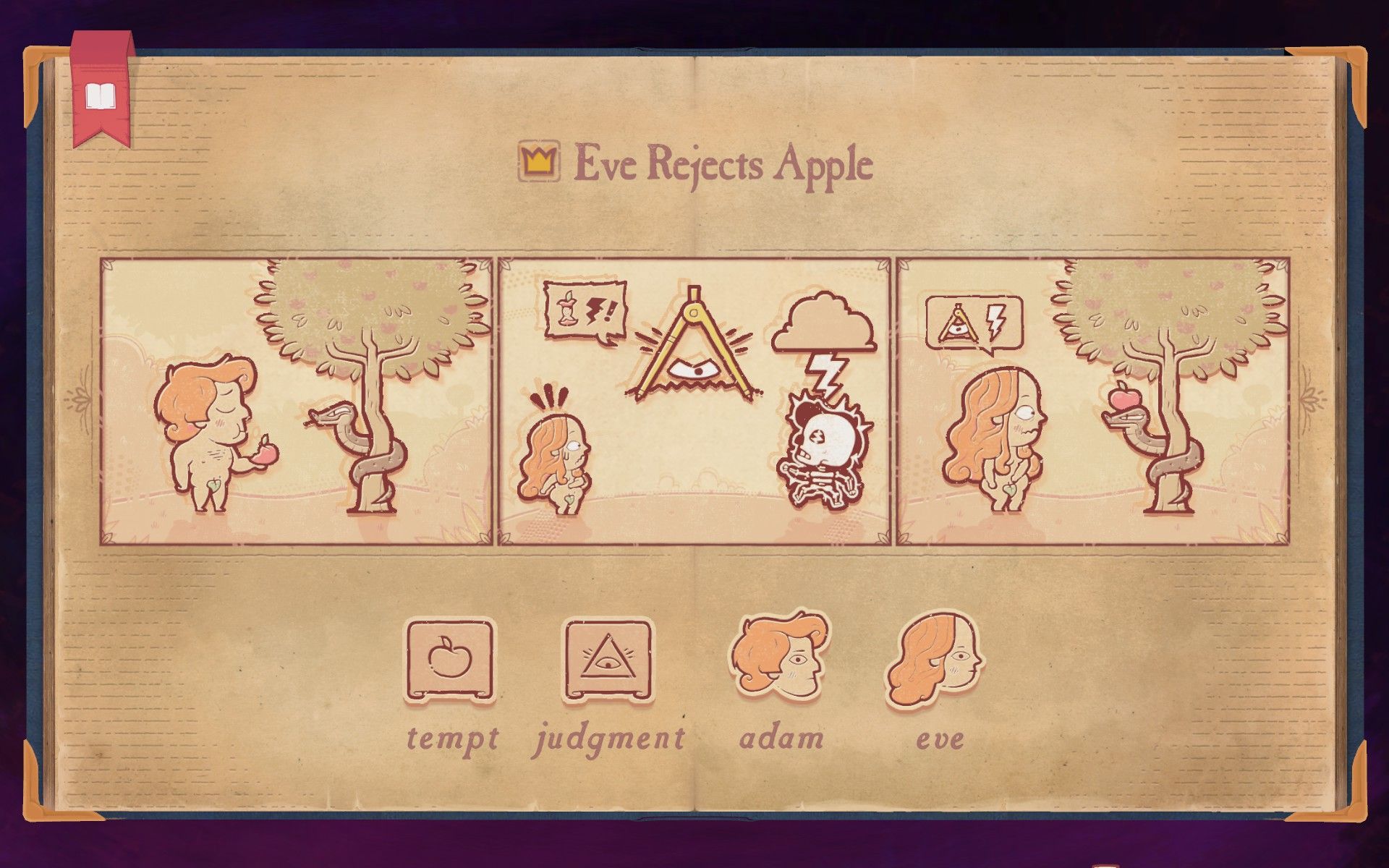 The solution to Chapter 10 Temptation in Storyteller, showing Eve rejecting the apple.