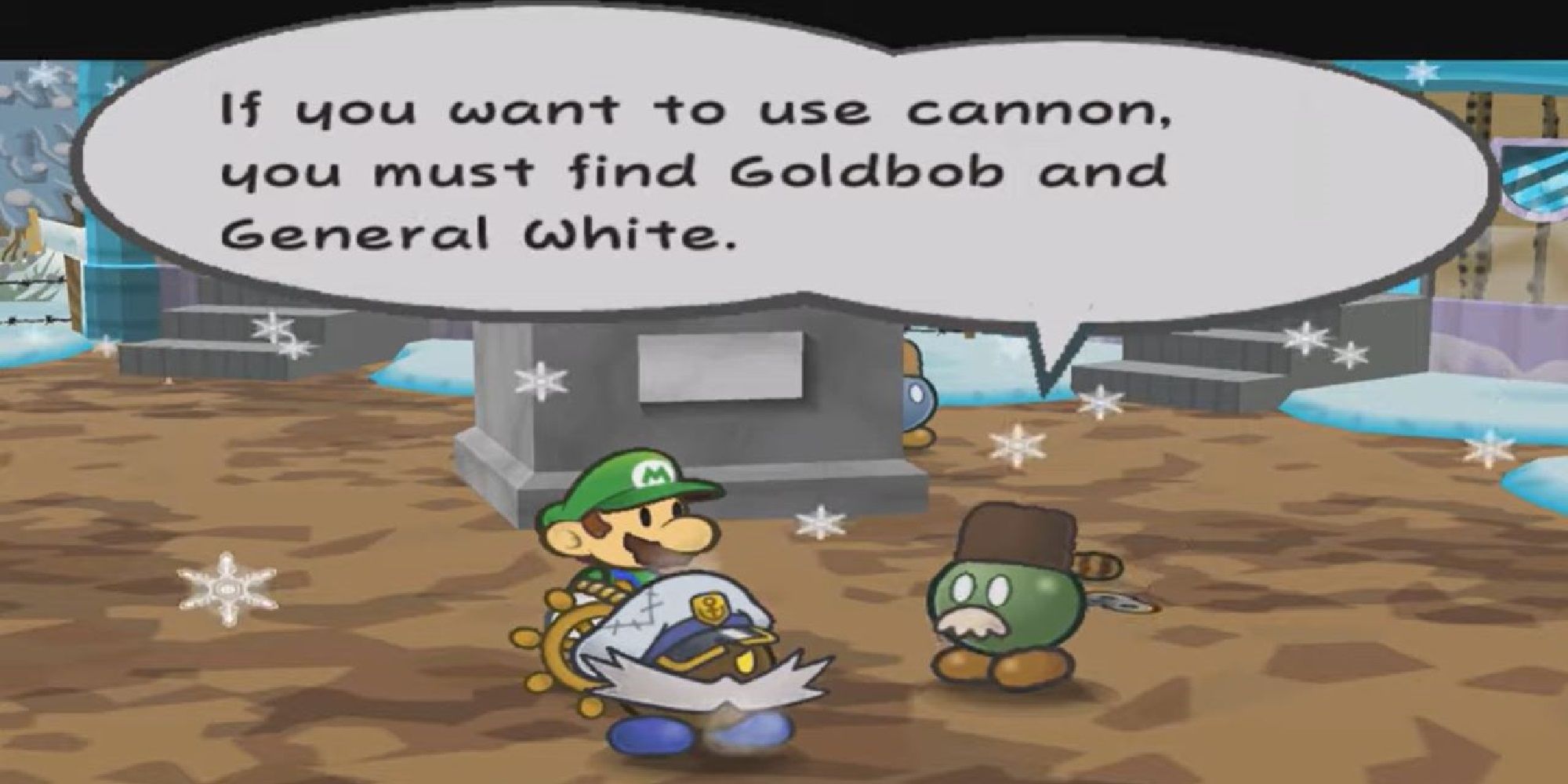 Admiral Bobbery talks with another Bob-omb at fahr outpost about how they need to find two missing people.