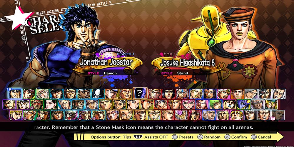 The character select screen for JoJo's Bizarre Adventure: All-Star Battle R as of October 2023.
