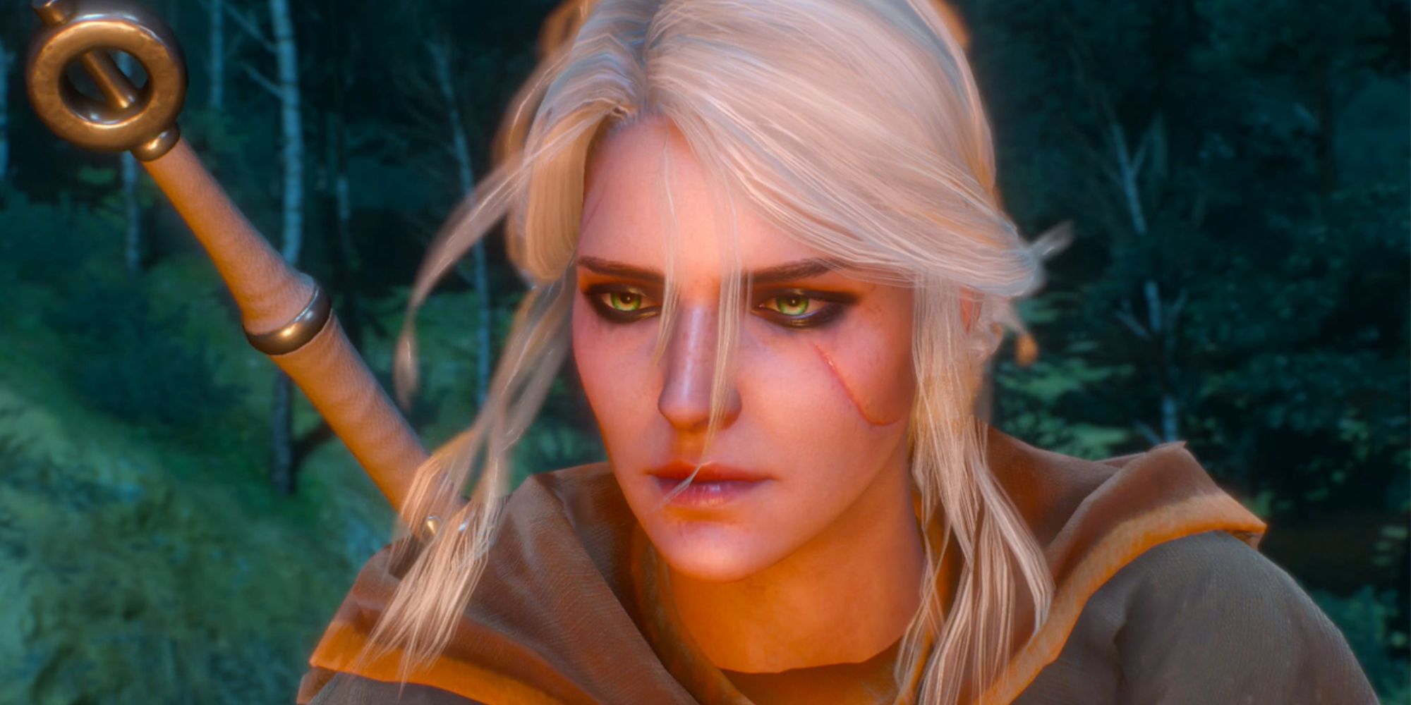 Ciri in the Witcher 3 illumintaed by the glow of a campfire