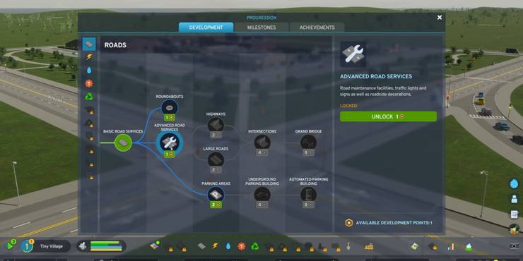 An image from Cities: Skylines 2 of the Advanced Road Services unlock in the Development Tree.