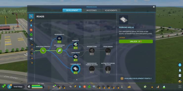 An image from Cities: Skylines 2 of the Parking Areas unlock in the Development Tree