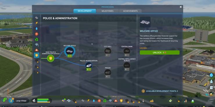 An image from Cities: Skylines 2 of the Police and Administration tab in the Development Tree