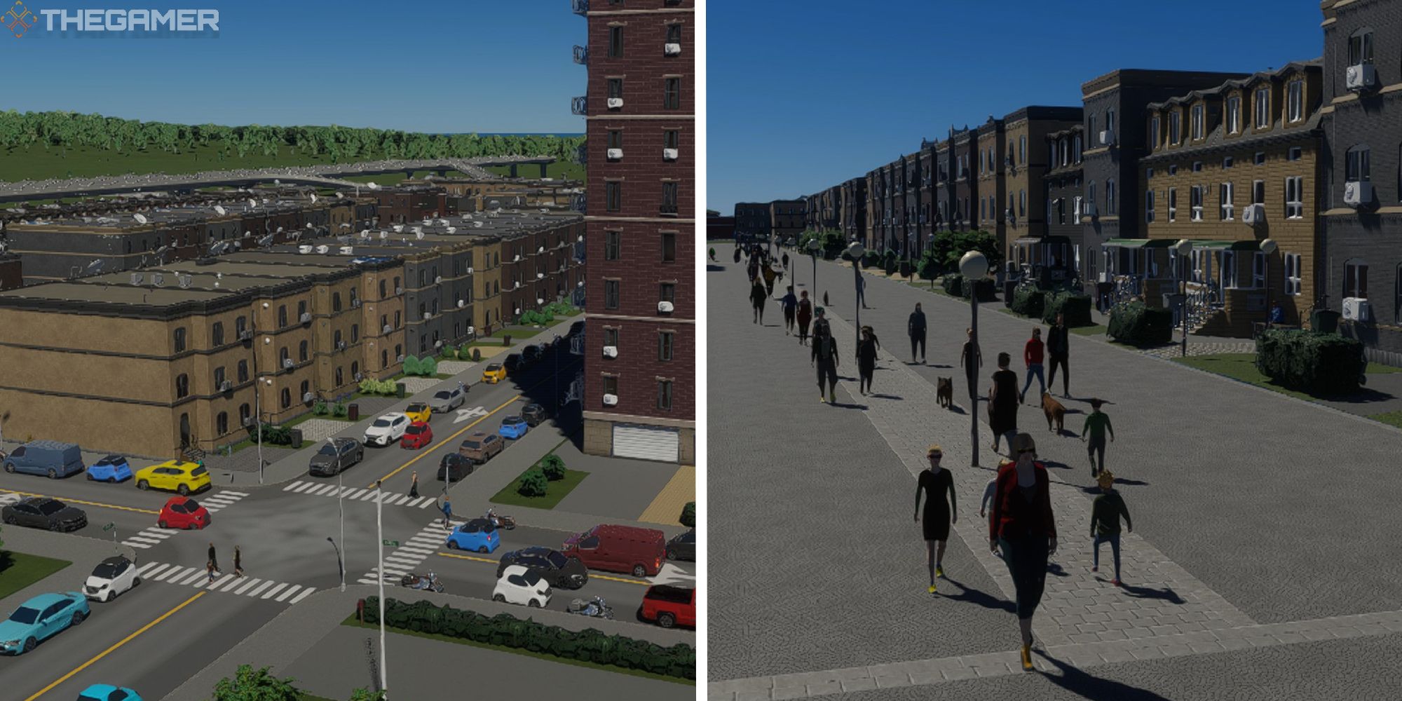 cities skylines 2 split image showing intersection with cars parked next to image of pedestrian street
