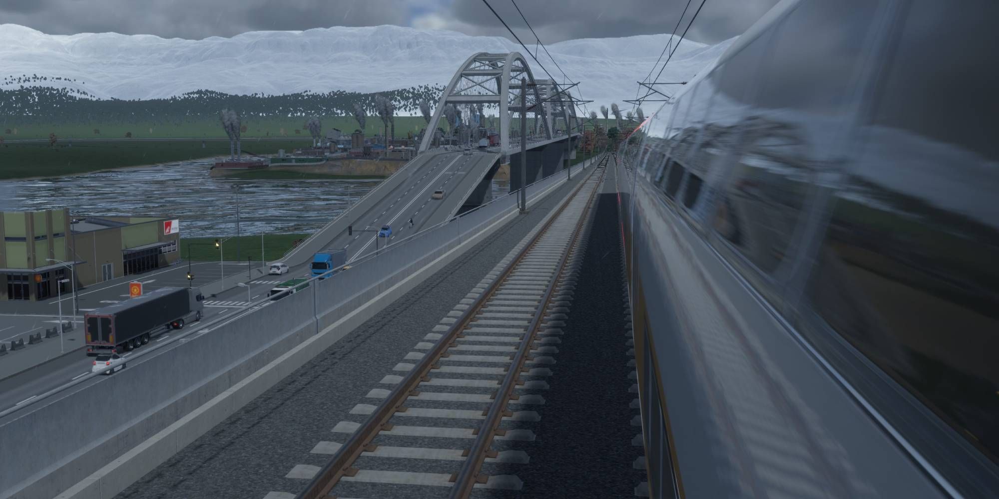 Cities Skylines 2 train on the tracks with factories in the background
