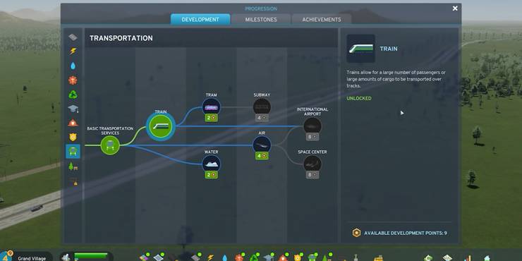 An image from Cities: Skylines 2 of the Trains unlock from the Development Tree