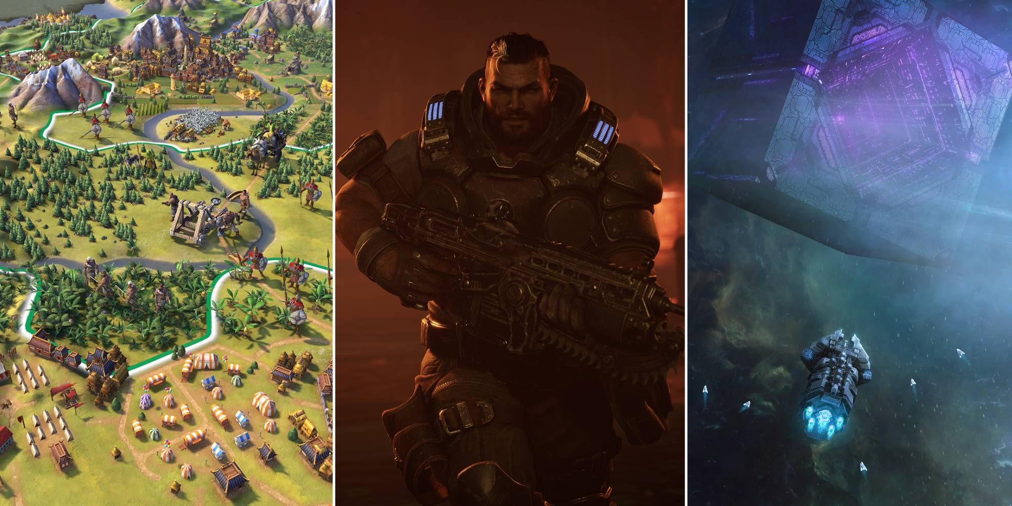 An army moves through an empire in Civ 6, a solider walks with his weapon in Gears Tactics, and a ship reaches a cube shaped station in Stellaris.