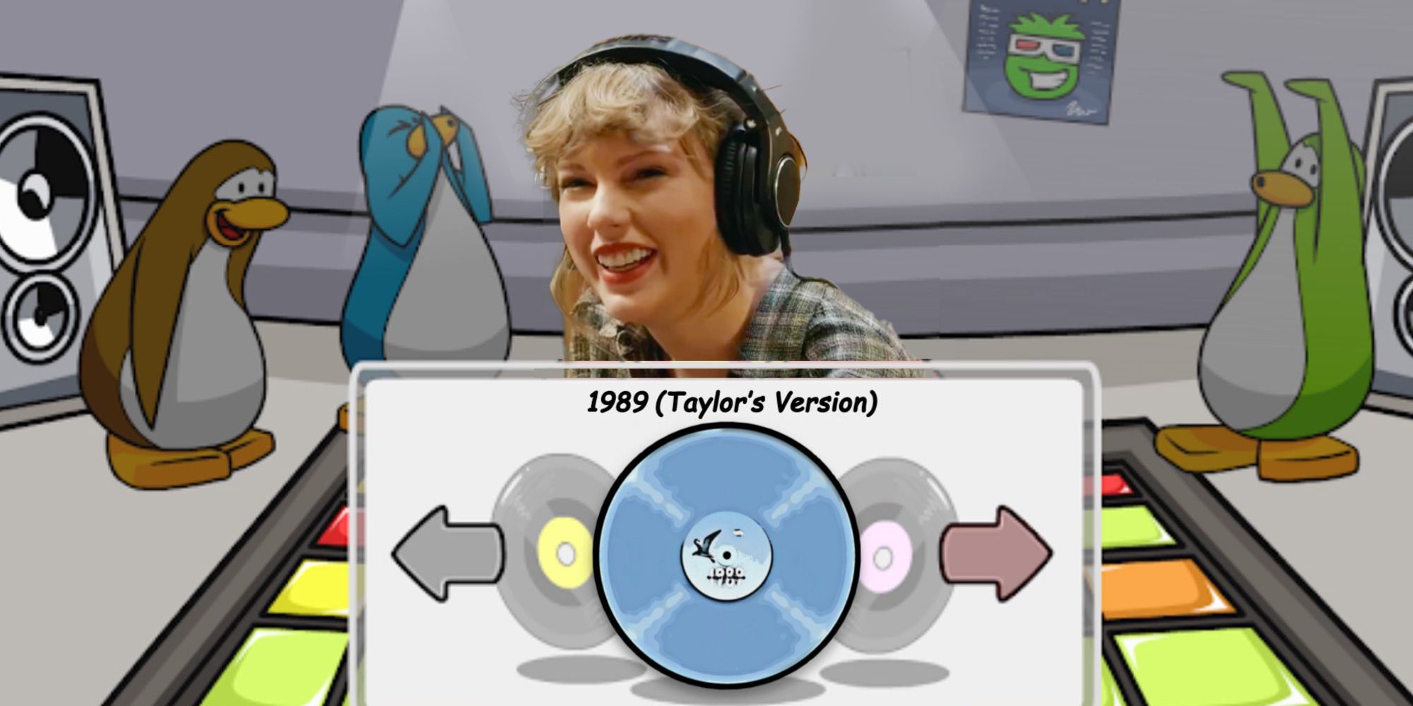 Taylor Swift's face over a Club Penguin... penguin.