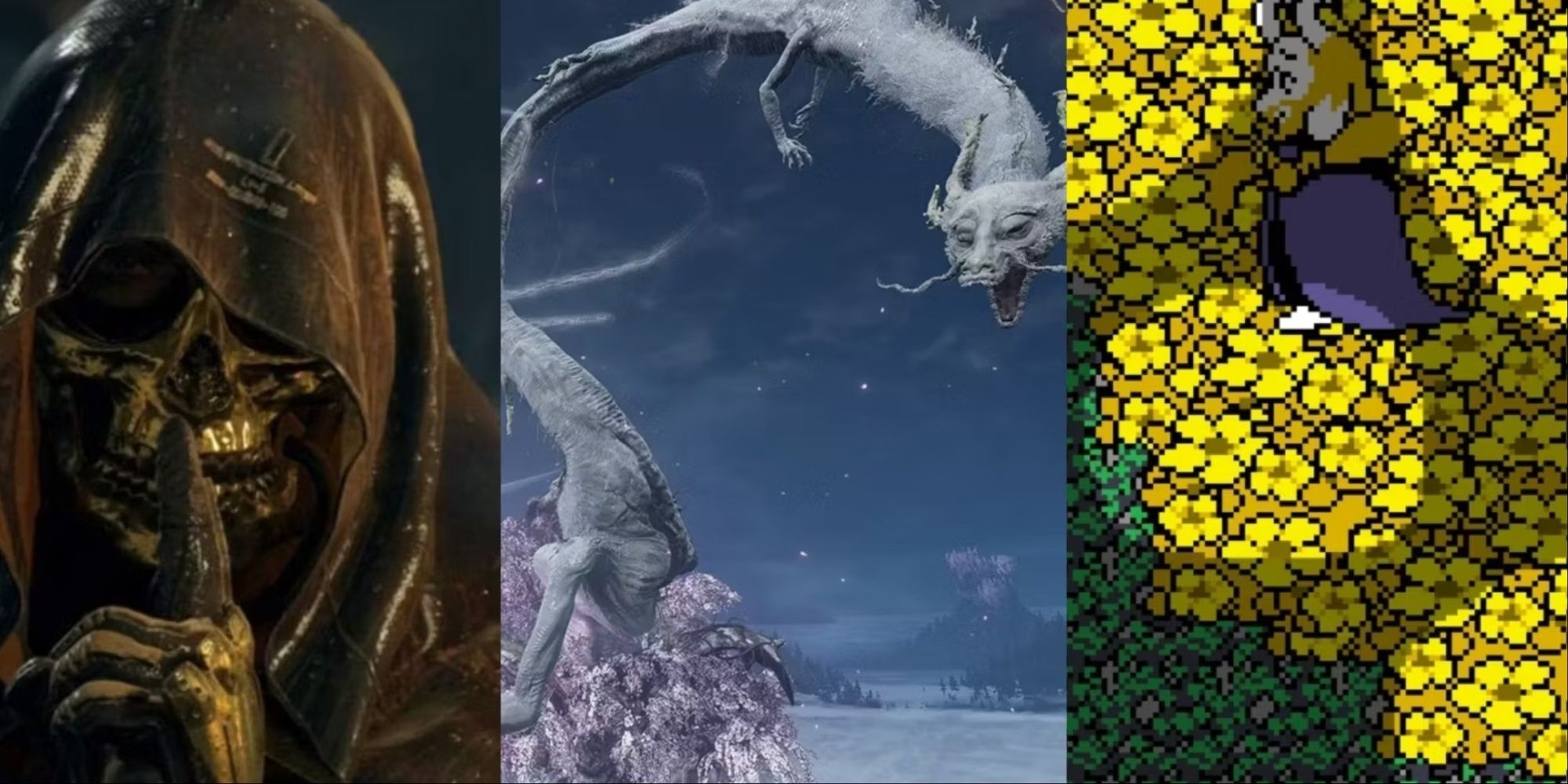 Higgs from Death stranding with a finger held up to his gold mask, the divine dragon from Sekiro roaring, and Asgore in a field of flowers from undertale, left to right