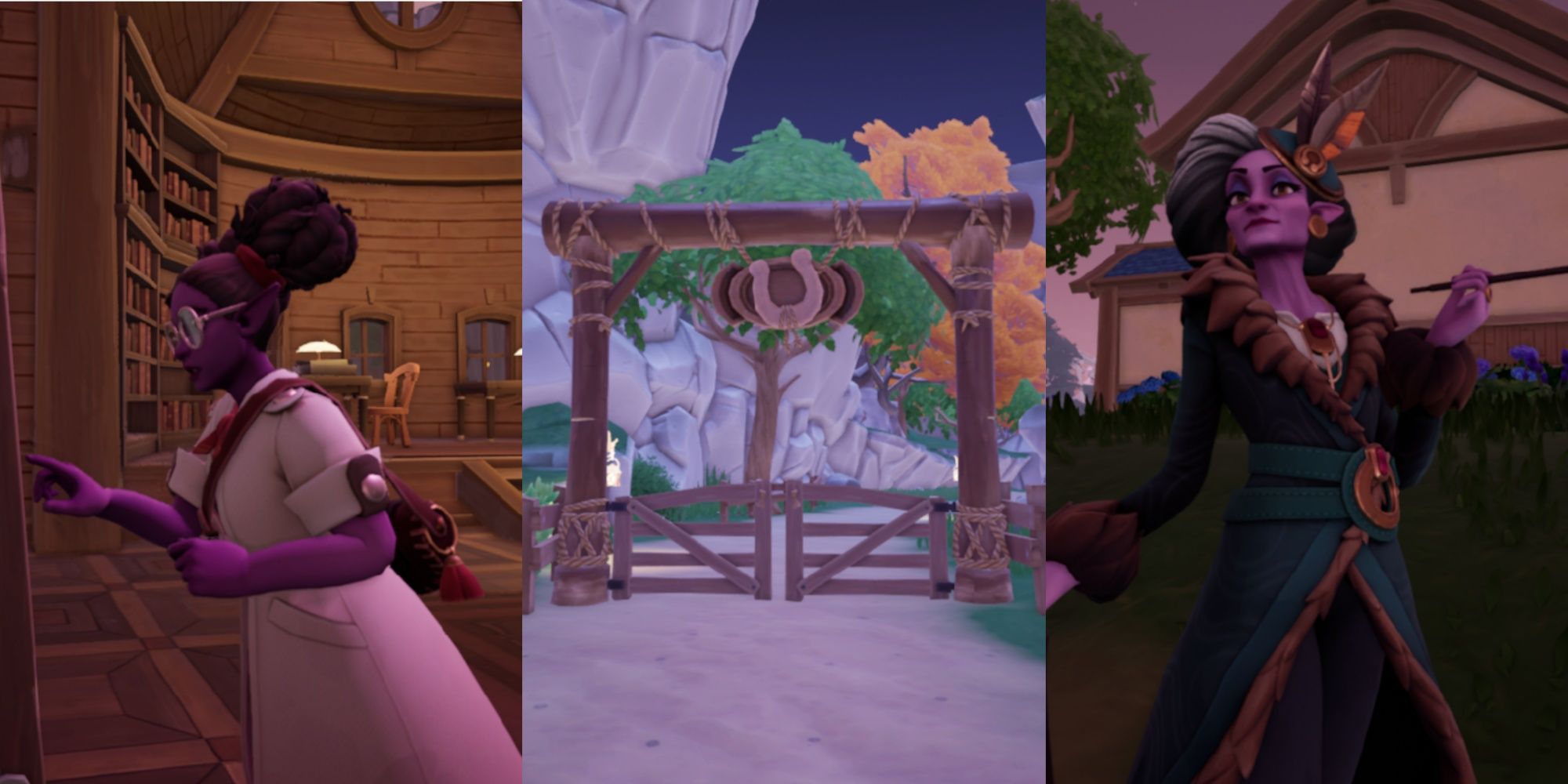 Split image featuring Jina leaning in and looking at a bookshelf in the library, the exit gate of a player housing plot, and Eshe standing near a building while on patrol in the evening in Palia.