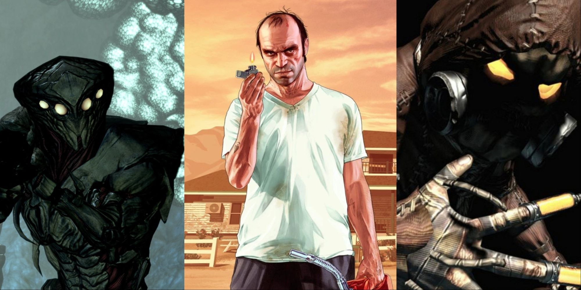 A collage showing The Collectors from Mass Effect 2, Trevor from GTA 5, and Scarecrow from Batman Arkham Asylum.