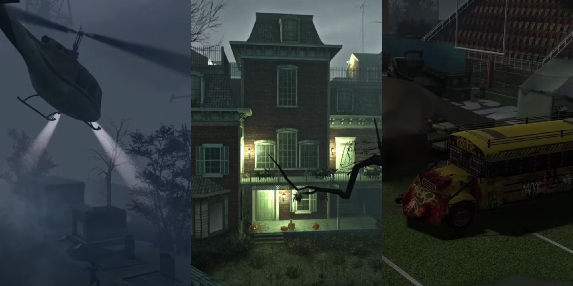 A collage showing three different locations from custom campaings in L4D2.