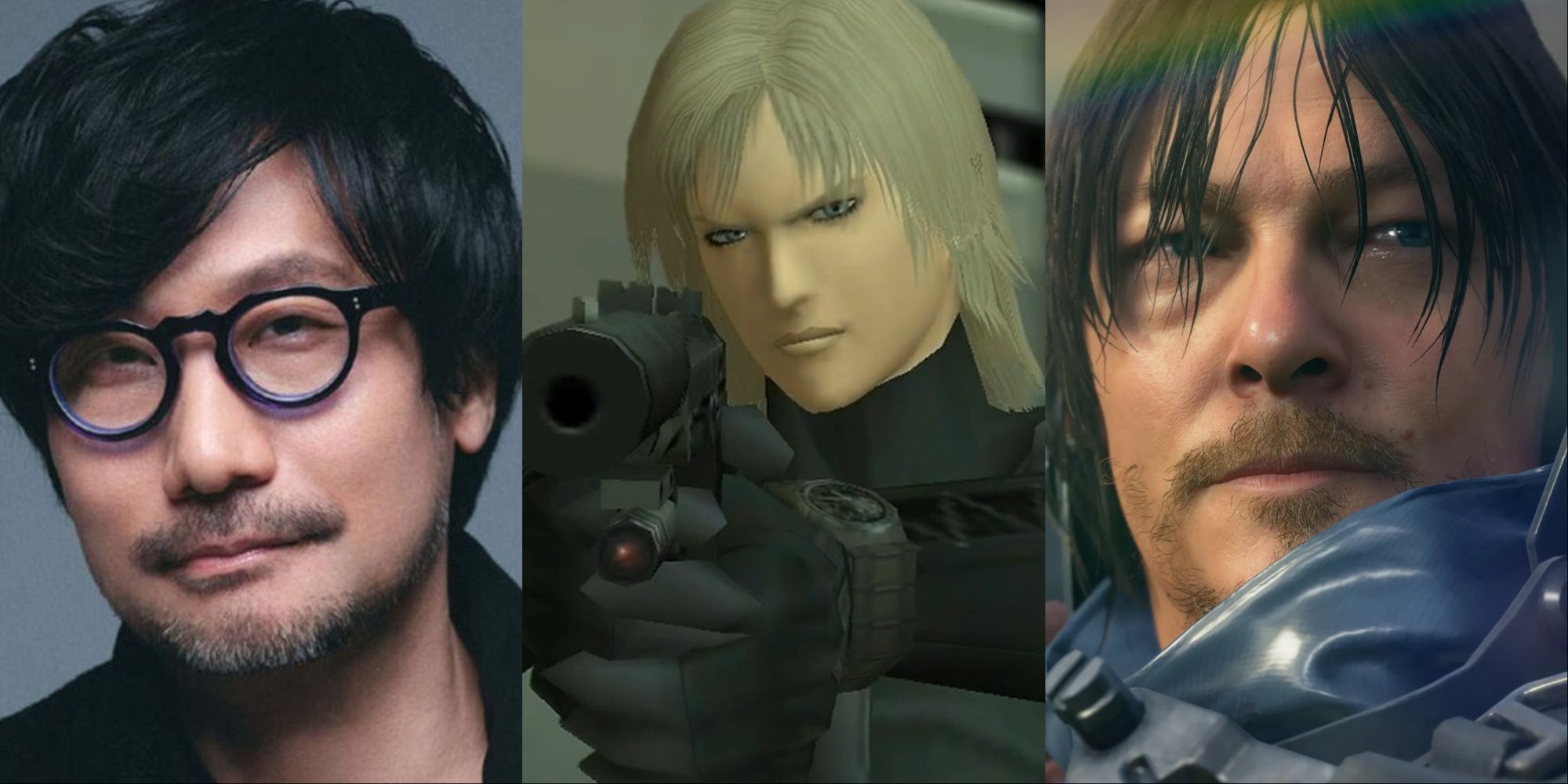 A collage showing Hideo Kojima, Raiden from MGS 2, and Sam from Death Stranding.