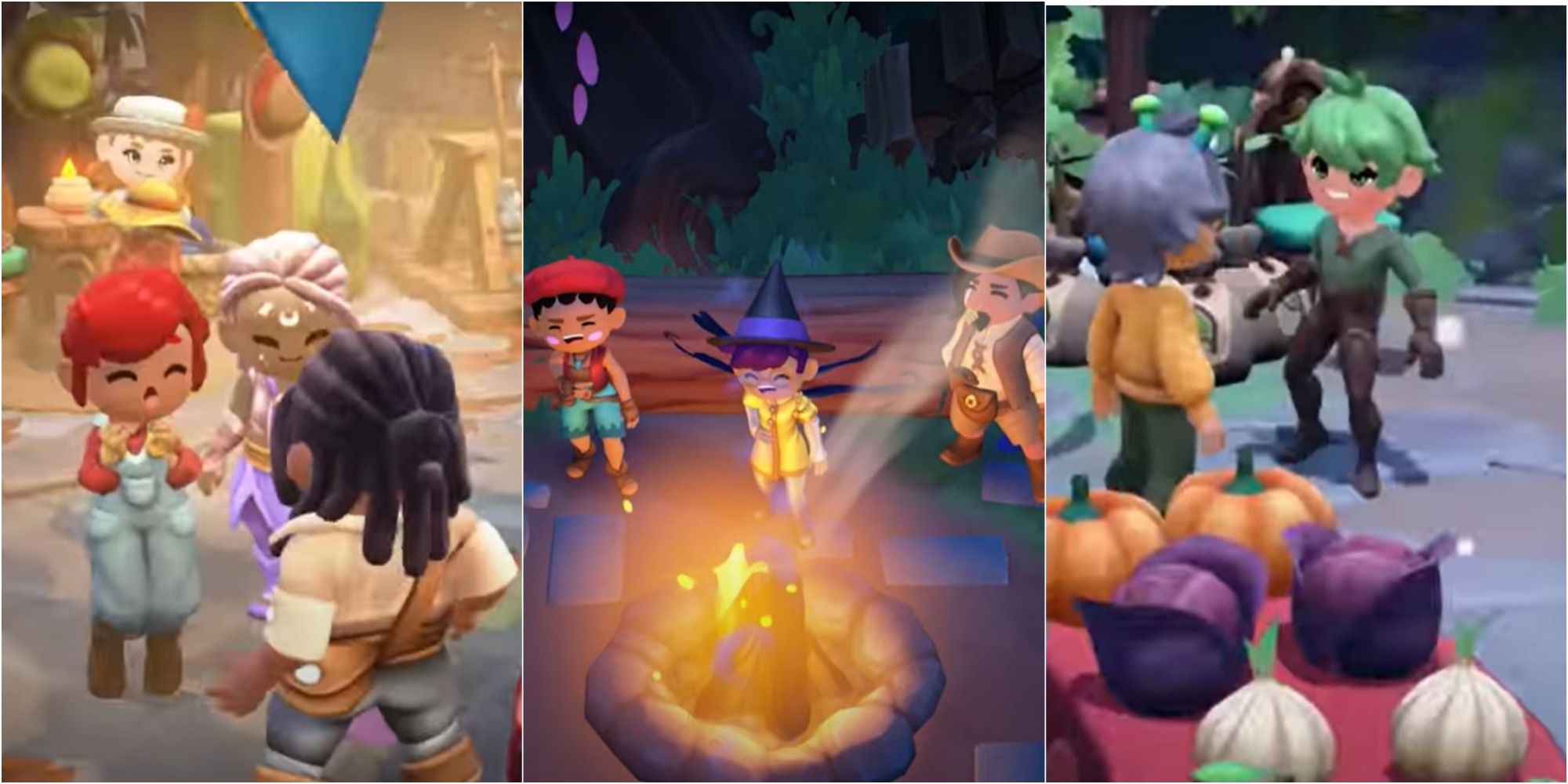 Fae Farm trailer screenshots showing characters wearing multiple outfits; day scene, night scene, winter scene