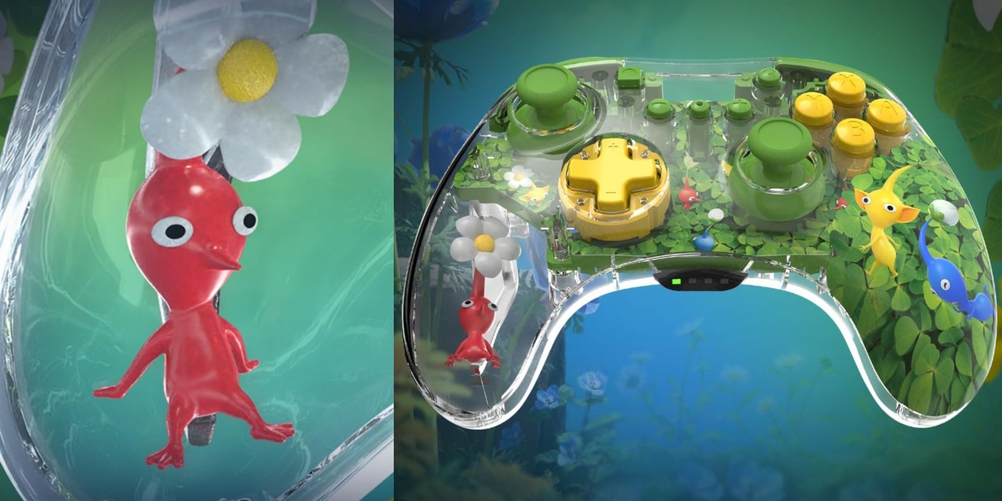 nintendo switch controller with a red pikmin trapped in the grip
