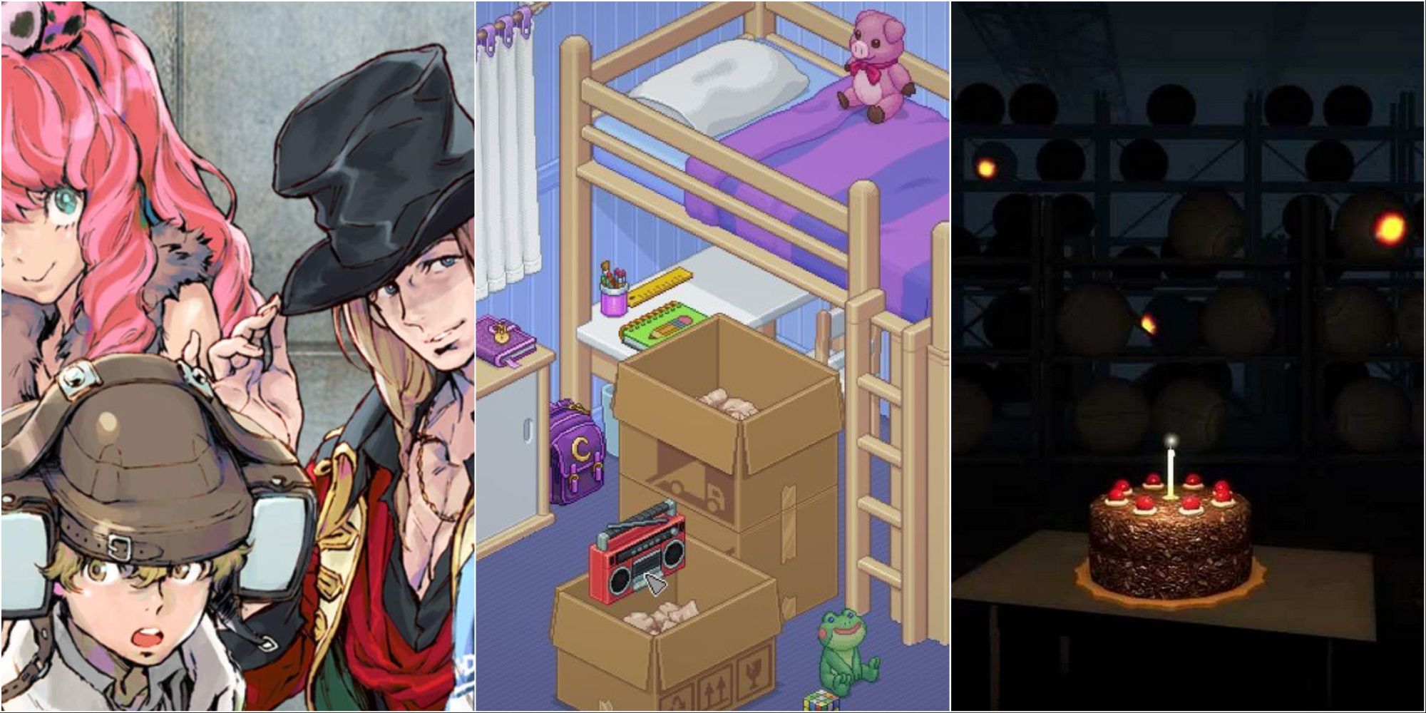 From left to right: Zero Escape promo art, a screenshot from Unpacking, and the cake from Portal.