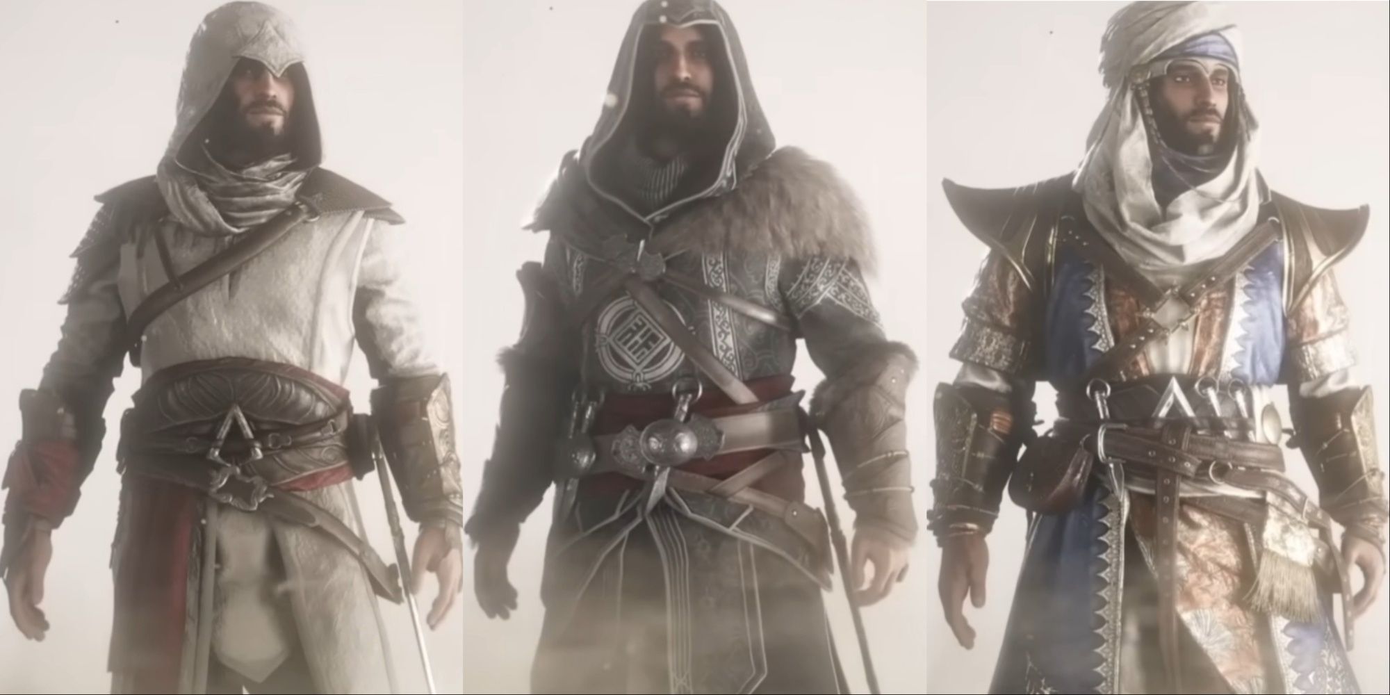 Three-image collage of Basim in his Master Assassin Costume, Ezio Revelations Costume, and Far East Merchant Costume.